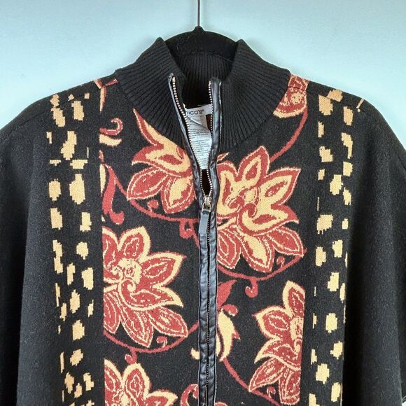 Chico’s Ruana Front Zip Sweater Knit Poncho Cape Cardigan Black Fall Floral S M - Picture 5 of 16